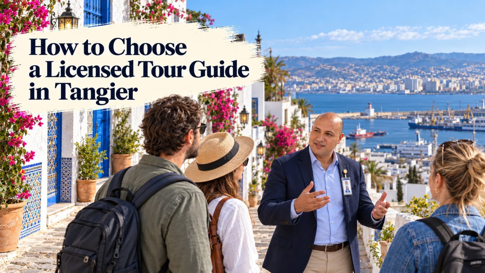 A licensed local guide walking through the ancient streets of Tangier's medina with visitors